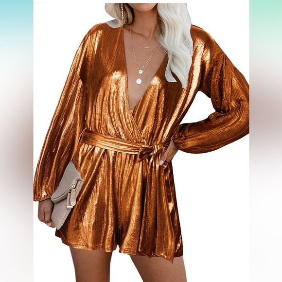 YOINS Pants - YOINS Sequin Rompers L/S Jumpsuits V Neck  Sparkle Metallic Party Romper S 8/10